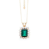 18K Yellow Gold 11ct Emerald Cut Lab Zambian Emerald Halo Pendant Necklace