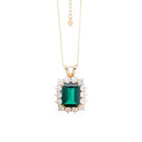 18K Yellow Gold 11ct Emerald Cut Lab Zambian Emerald Halo Pendant Necklace