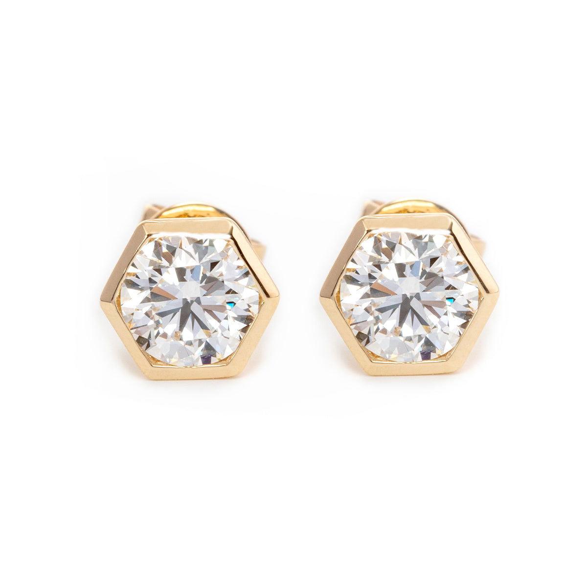 14K Yellow Gold 2 ct tw Round Brilliant Cut Lab Diamond Hexagon Bezel Setting Stud Earrings