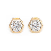 14K Yellow Gold 2 ct tw Round Brilliant Cut Lab Diamond Hexagon Bezel Setting Stud Earrings