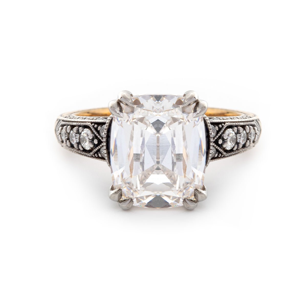 18K Gold 4.5ct Elongated Old Mine Cut Lab Diamond Antique - inspired Ring with Princess Cut Lab Sapphire & Round Cut Lab Diamond Side - stone - MMR