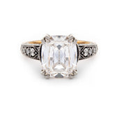 18K Gold 4.5ct Elongated Old Mine Cut Lab Diamond Antique - inspired Ring with Princess Cut Lab Sapphire & Round Cut Lab Diamond Side - stone - MMR