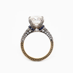 18K Gold 4.5ct Elongated Old Mine Cut Lab Diamond Antique - inspired Ring with Princess Cut Lab Sapphire & Round Cut Lab Diamond Side - stone - MMR