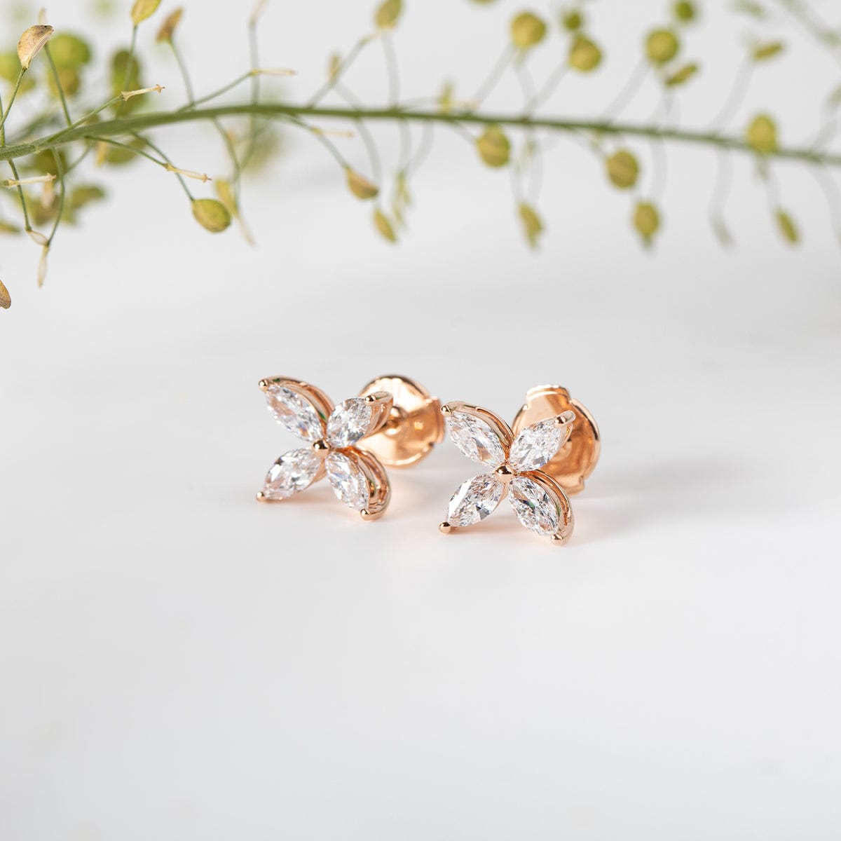 18K Rose Gold Marquise Cut Lab Diamond Flower Stud Earrings