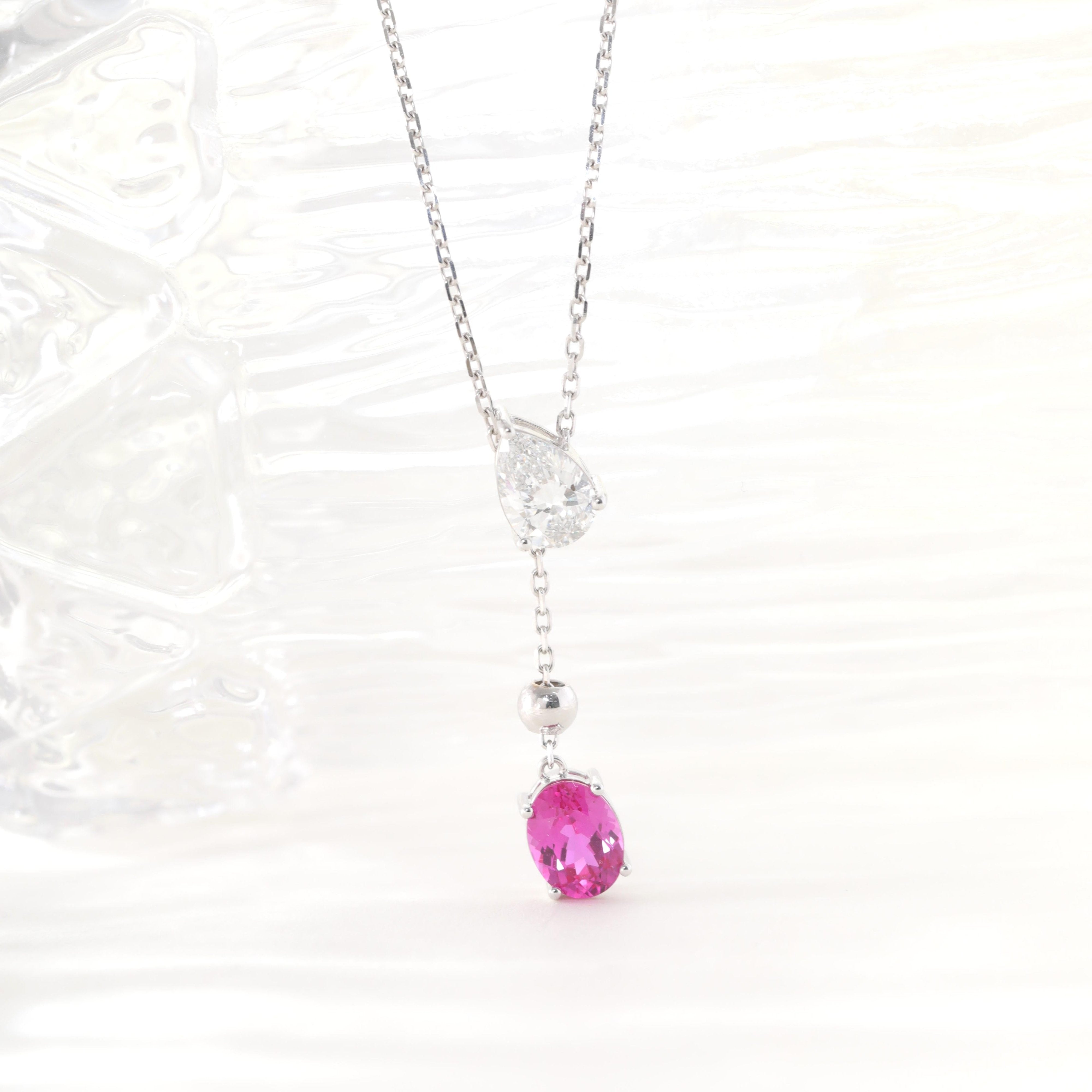 18K White Gold Lab Diamond and Pink Sapphire 3 Stone Pendant Necklace - MMR