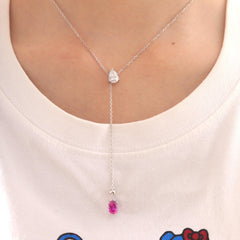 18K White Gold Lab Diamond and Pink Sapphire 3 Stone Pendant Necklace - MMR