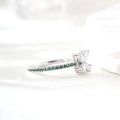 18K White Gold Marquise and Pear Cut Lab Diamond Butterfly Ring with Round Green Sapphire Pave - MMR