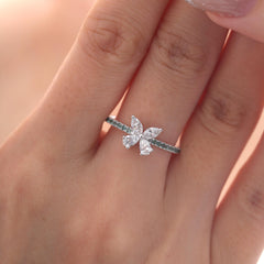 18K White Gold Marquise and Pear Cut Lab Diamond Butterfly Ring with Round Green Sapphire Pave - MMR