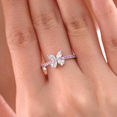 18K White Gold Marquise and Pear Cut Lab Diamond Butterfly Ring with Round Pink Sapphire Pave - MMR