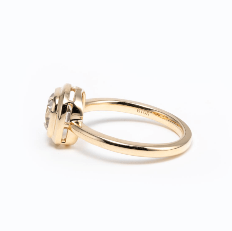 18K Yellow Gold 2.1ct Old Mine Cut Cushion Lab Diamond Bezel Engagement Ring