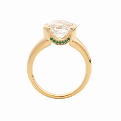 18K Yellow Gold 3.5ct Old Mine Cut Lab Diamond Half Bezel Statement Ring with Hidden Round Lab Emerald Wave Pave - MMR