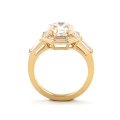 18K Yellow Gold 3ct Antique Bagua - shaped Step Cut Lab Diamond Ring with Tapered Step Cut Lab Diamond Halo and Two Tapered Baguette Cut Side - stone - MMR