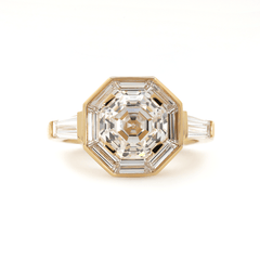 18K Yellow Gold 3ct Antique Bagua - shaped Step Cut Lab Diamond Ring with Tapered Step Cut Lab Diamond Halo and Two Tapered Baguette Cut Side - stone - MMR