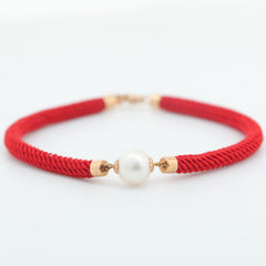 18K Yellow Gold Freshwater Pearl Red String Bracelet - MMR
