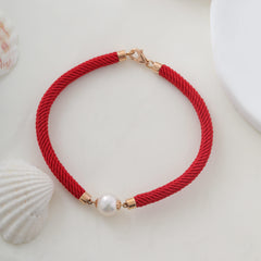 18K Yellow Gold Freshwater Pearl Red String Bracelet - MMR