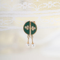 18K Yellow Gold Malachite and Freshwater Pearl Drop Earrings - MMR