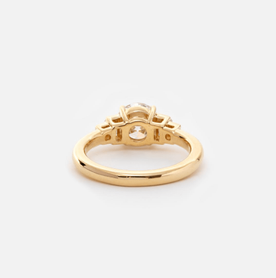 18k Yellow Gold Old European Cut Lab Diamond Emerald Cut & Round Cut Side Stone Engagement Ring
