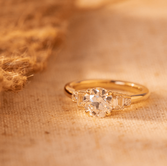 18k Yellow Gold Old European Cut Lab Diamond Emerald Cut & Round Cut Side Stone Engagement Ring