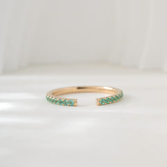 18K Yellow Gold Round Lab Colombian Emerald Pave Open Ring - MMR