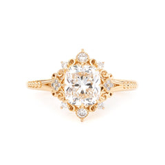 14K Yellow Gold 2.5ct Elongated Cushion Cut Lab Diamond Victoran-Style Ring with Floral Motifs