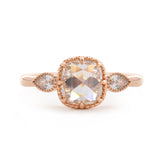 14K Rose Gold 1.5ct Cushion Rose Cut Lab Diamond Millegrain Bezel Three-stone Ring with Pear Shaped Side-stone Design