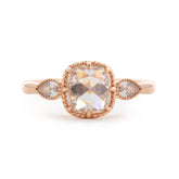 14K Rose Gold 1.5ct Cushion Rose Cut Lab Diamond Millegrain Bezel Three-stone Ring with Pear Shaped Side-stone Design