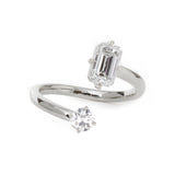 14K Yellow Gold Old European Cut & Emerald Cut Lab Diamond Toi et Moi Ring Platinum