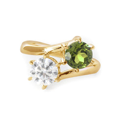 18K White Gold Round Cut Lab Diamond & Peridot Toi et Moi Ring 14K Yellow Gold