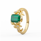 14K Yellow Gold 1ct Lab Emerald Art Nouveau Nature-Inspired Ring with Round Lab Diamond Side-stones