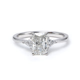 14K White Gold 1.5ct Radiant Cut Lab Diamond Three Stone Ring with Triangular Cut Lab Diamond Side Stones and Tapered Band Design