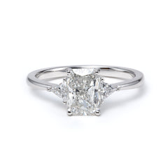 14K White Gold 1.5ct Radiant Cut Lab Diamond Three Stone Ring with Triangular Cut Lab Diamond Side Stones and Tapered Band Design