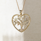 14K Yellow Gold Heart Shape Pendant Necklace - Tree of the Soul Design