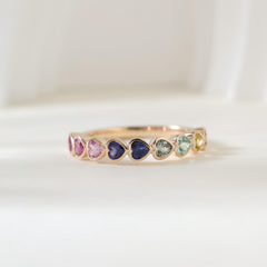 10K Yellow Gold Heart Shaped Rainbow Color Synthetic Corundum Half Eternity Ring
