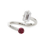 14K Yellow Gold Emerald Cut Lab Diamond & Round Lab Ruby Toi et Moi Ring Platinum