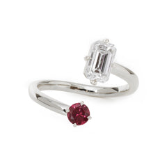 14K Yellow Gold Emerald Cut Lab Diamond & Round Lab Ruby Toi et Moi Ring Platinum