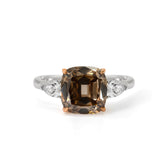 18K White Gold and Rose Gold 2.74ct Cushion Old Mine Cut Brown Lab Diamond Three-stone Prong Ring with Two Pear Cut Lab Diamonds