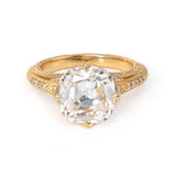 14K Yellow Gold 3ct Old Mine Cut Lab Diamond Crown Setting Diamond-milling Vintage Ring with Round Lab Diamond Side-stone