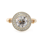 14K Yellow Gold 2ct Old European Cut Lab Diamond Miillegrain Vintage Ring with a 14K White Gold Round Diamond Halo
