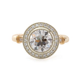 14K Yellow Gold 2ct Old European Cut Lab Diamond Miillegrain Vintage Ring with a 14K White Gold Round Diamond Halo