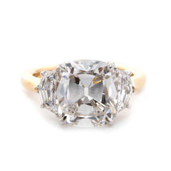 18K White Gold & Yellow Gold 4.5ct Old Mine Cut & Step cut Eldorado Lab Diamond Three Stone Ring