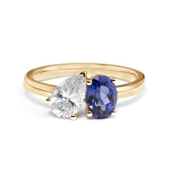14K Yellow Gold Oval Cut Lab Sapphire and Pear Shaped Lab Diamond Toi et Moi Ring