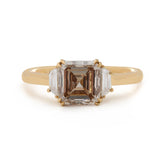 14K Yellow Gold 1.74ct Asscher Cut Brown Lab Diamond Double Claw Prongs Three-stone Ring with Two Trapezoid Diamonds