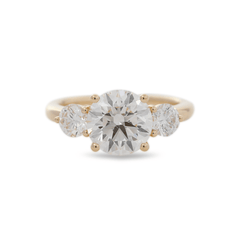 18K Yellow Gold 2.5ct Round Lab Diamond Round Prong Basket Three-stone Engagement Ring with Two Ring Enhancers in Bridal Ring Set Design