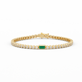 14K Yellow Gold Round Lab Diamond Bezel Setting Tennis Bracelet with A Baguette Cut Lab Emerald Center Stone