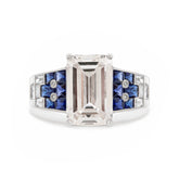 Platinum 5.5ct Emerald Cut Lab Diamond Vintage Ring with Lab Sapphire and Baguette Lab Diamond Side-Stones