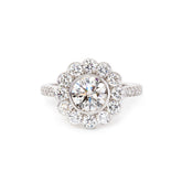 14K White Gold 1.5ct Round Cut Lab Diamond Halo Ring with Tapered Band and Half Circle Pave