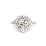 14K White Gold 1.5ct Round Cut Lab Diamond Halo Ring with Tapered Band and Half Circle Pave
