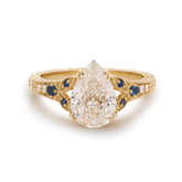 14K Yellow Gold 2.5ct Pear Lab Diamond with Round Lab Diamond and Lab Sapphire Side-stone Millegrain Floral Engraving Ring-Art Nouveau Nature-Inspired