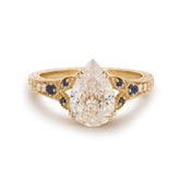 Pear Lab Diamond Ring with Round Lab Diamond and Lab Sapphire Side Stones — Millegrain Floral Engraving, Art Nouveau Nature-Inspired