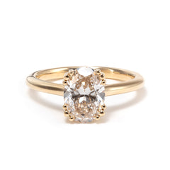 14K Yellow Gold Oval Cut Lab Diamond Pink Corundum Hidden Halo Ring with Triple Prong and Cathedral Setting